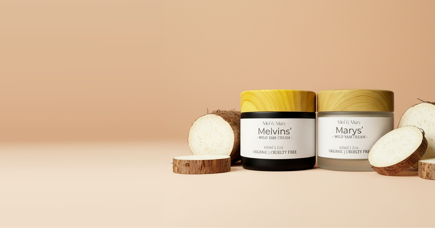 Two jars of Mel & Marys creams on a beige background