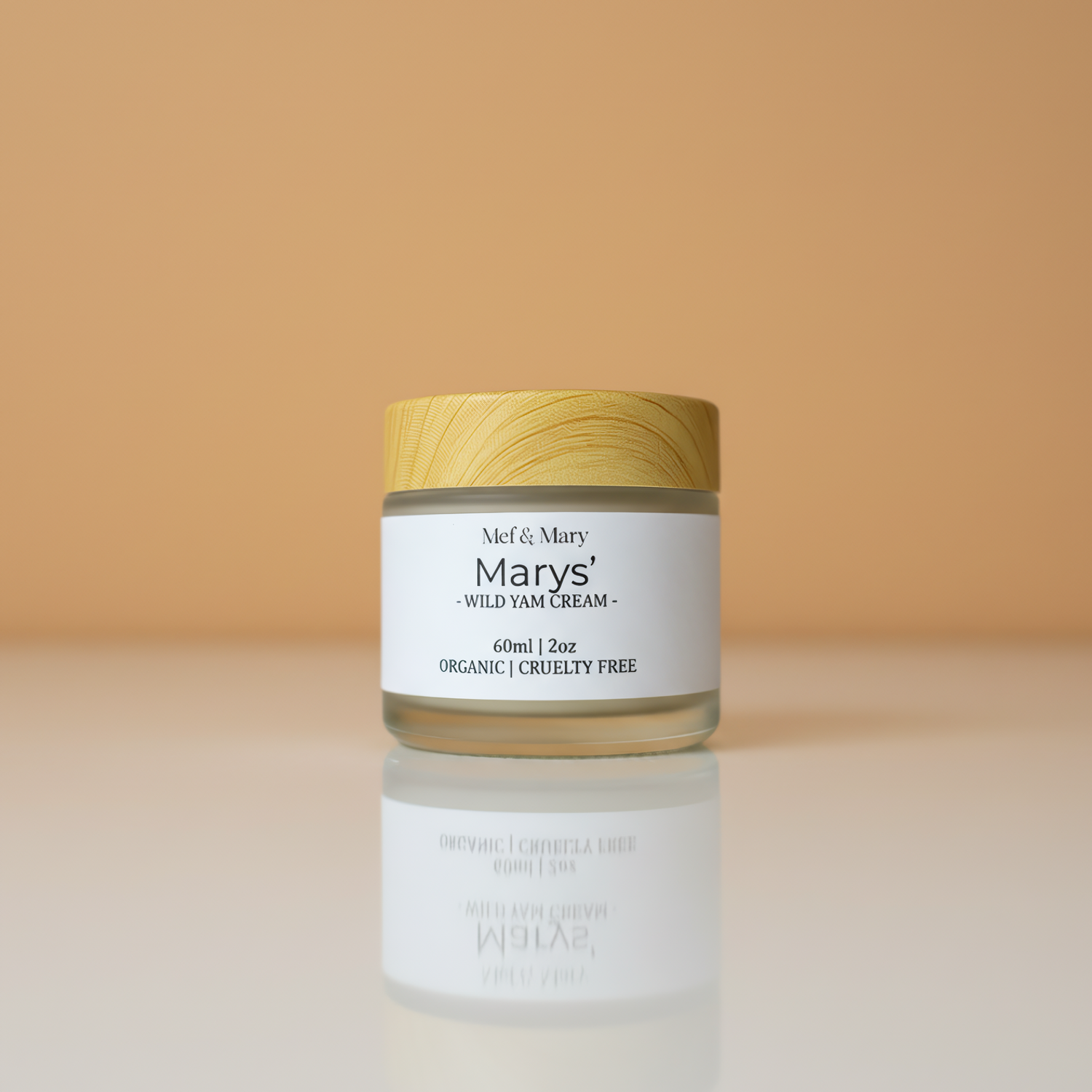 Jar of Mary's Wild Yam Cream with a beige lid on a beige background
